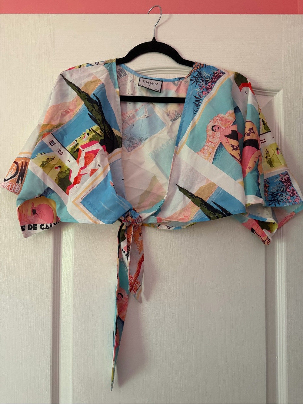 RNWY postcard Tie-Front Crop Top in Light Blue